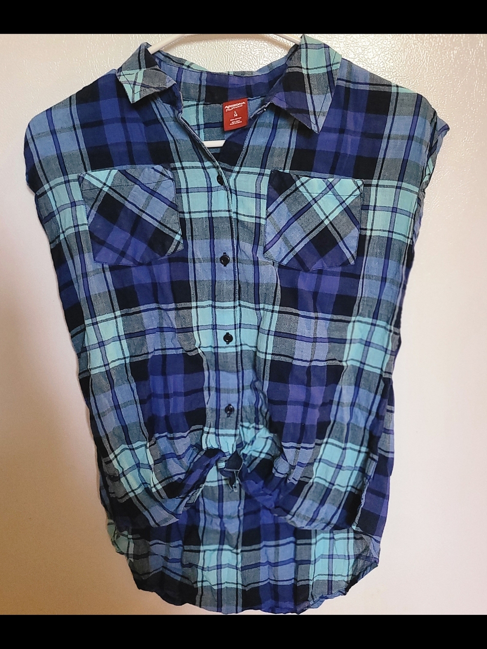 Arizona Jean Company Blue and Teal Plaid Button-Down Shirt